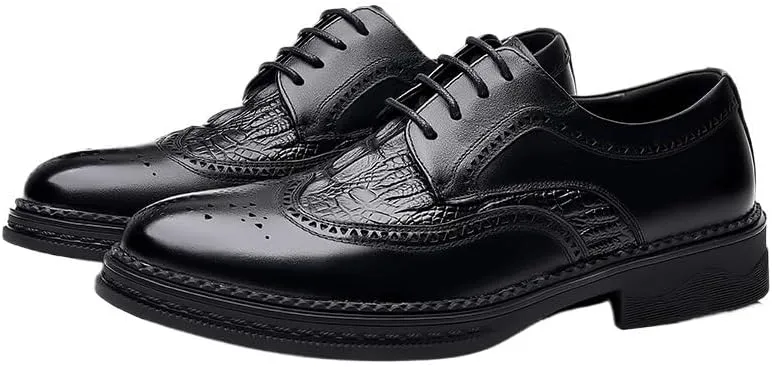 Premium Alligator Embossed Brogue Breathable Men's Oxford Dress Shoes - Wingtip Design Business Casual to Formal Wedding Prom Tuxedo Shoes Leather Sole