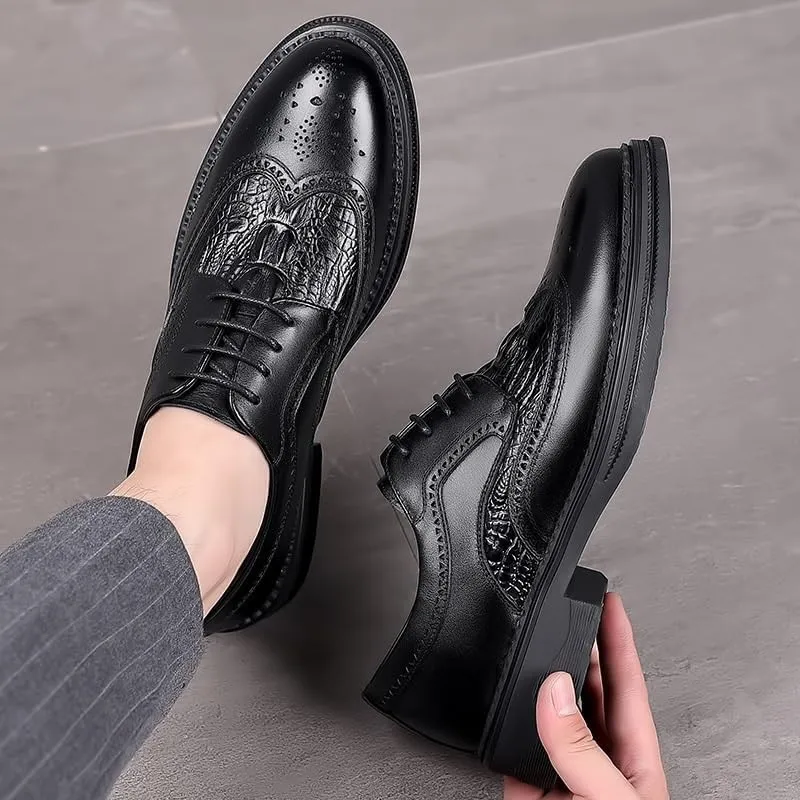 Premium Alligator Embossed Brogue Breathable Men's Oxford Dress Shoes - Wingtip Design Business Casual to Formal Wedding Prom Tuxedo Shoes Leather Sole