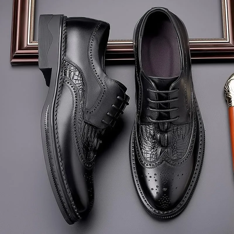 Premium Alligator Embossed Brogue Breathable Men's Oxford Dress Shoes - Wingtip Design Business Casual to Formal Wedding Prom Tuxedo Shoes Leather Sole