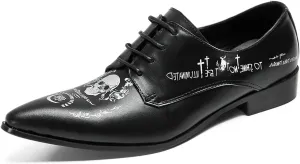 Santimon Black Dress Shoes Men Formal Leather Oxfords Fashion Casual Skull Halloween Derby Prom Wide Walking Shoes for Men
