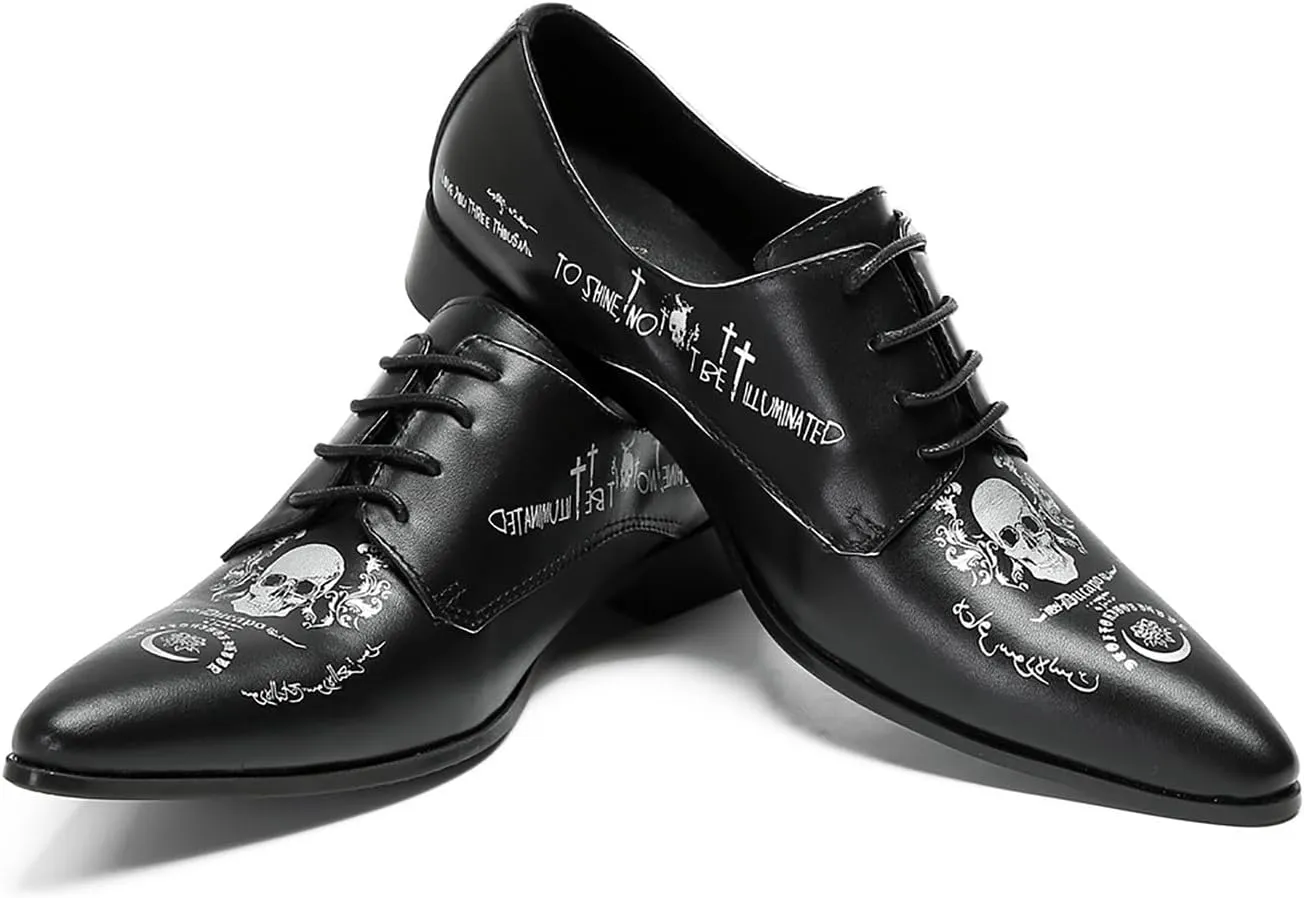 Santimon Black Dress Shoes Men Formal Leather Oxfords Fashion Casual Skull Halloween Derby Prom Wide Walking Shoes for Men