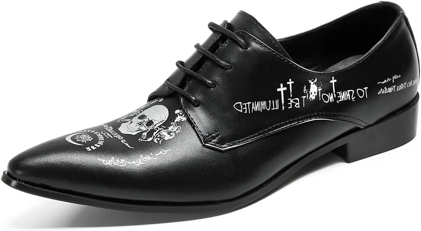 Santimon Black Dress Shoes Men Formal Leather Oxfords Fashion Casual Skull Halloween Derby Prom Wide Walking Shoes for Men