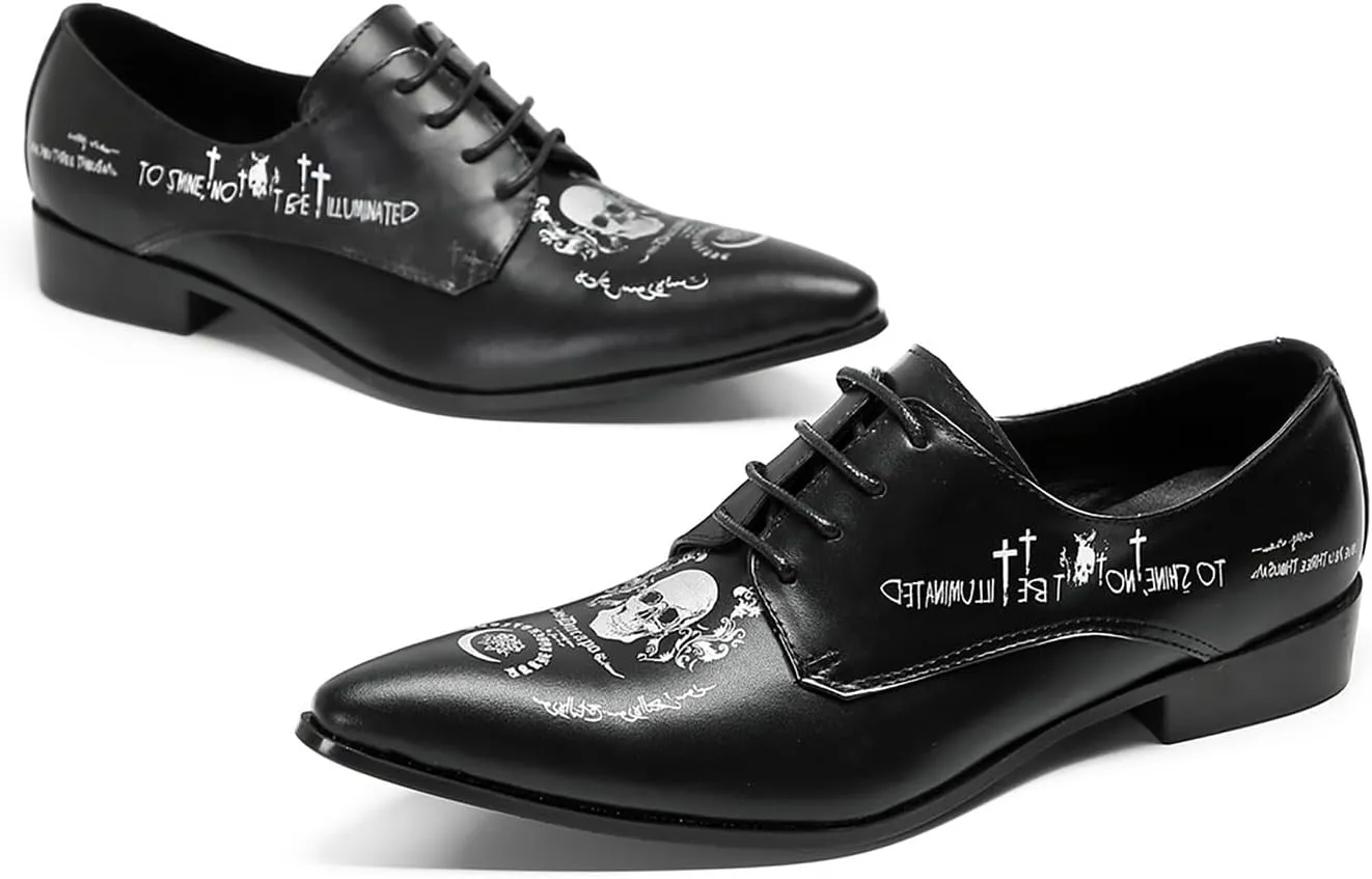 Santimon Black Dress Shoes Men Formal Leather Oxfords Fashion Casual Skull Halloween Derby Prom Wide Walking Shoes for Men
