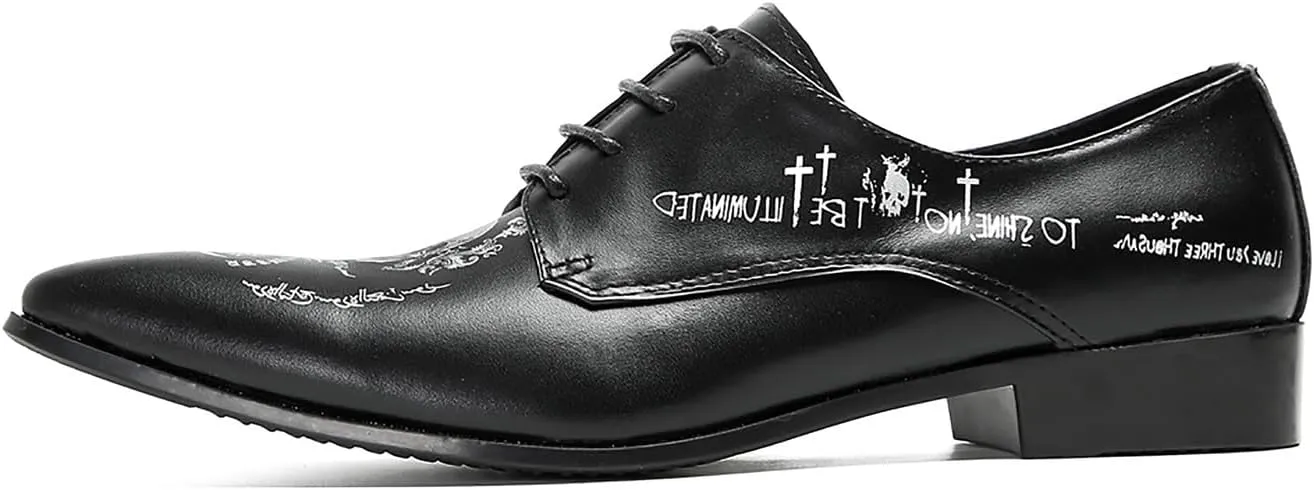 Santimon Black Dress Shoes Men Formal Leather Oxfords Fashion Casual Skull Halloween Derby Prom Wide Walking Shoes for Men