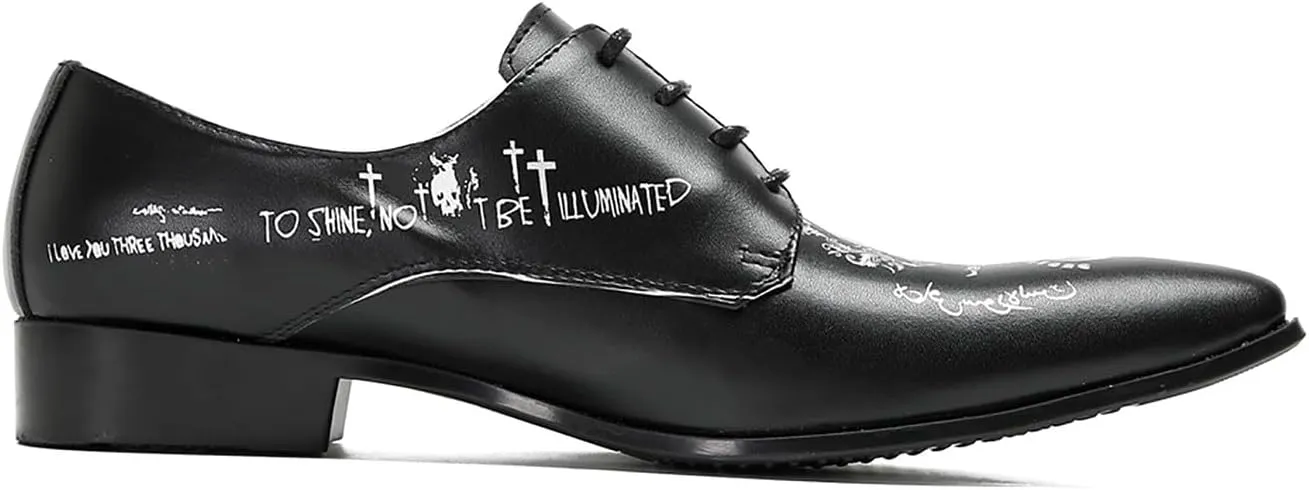 Santimon Black Dress Shoes Men Formal Leather Oxfords Fashion Casual Skull Halloween Derby Prom Wide Walking Shoes for Men