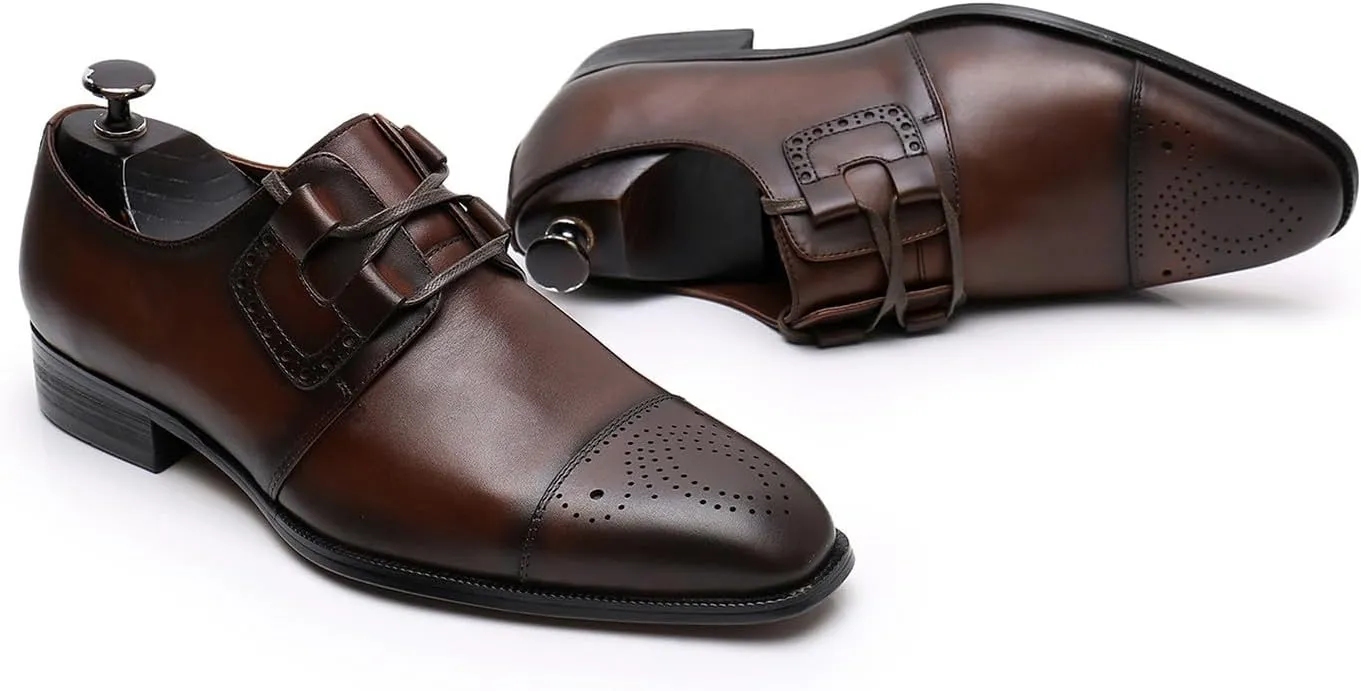 Santimon Men's Oxfords Brown Dress Shoes for Men Formal Derby Casual Fashion Classic Lace Up Brogues Wedding Leather Shoes