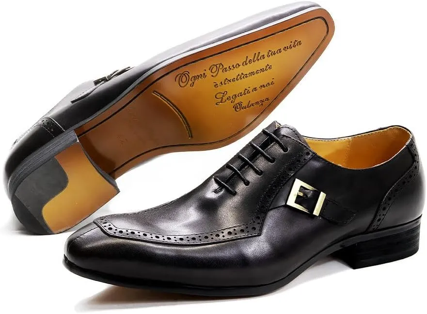 Santimon Men's Oxfords Dress Formal Wingtips Brogues Suit Shoes Mens Genuine Leather Tuxedo Wedding Buckle Derby Business Casual Comfortable Prom Shoes for Men