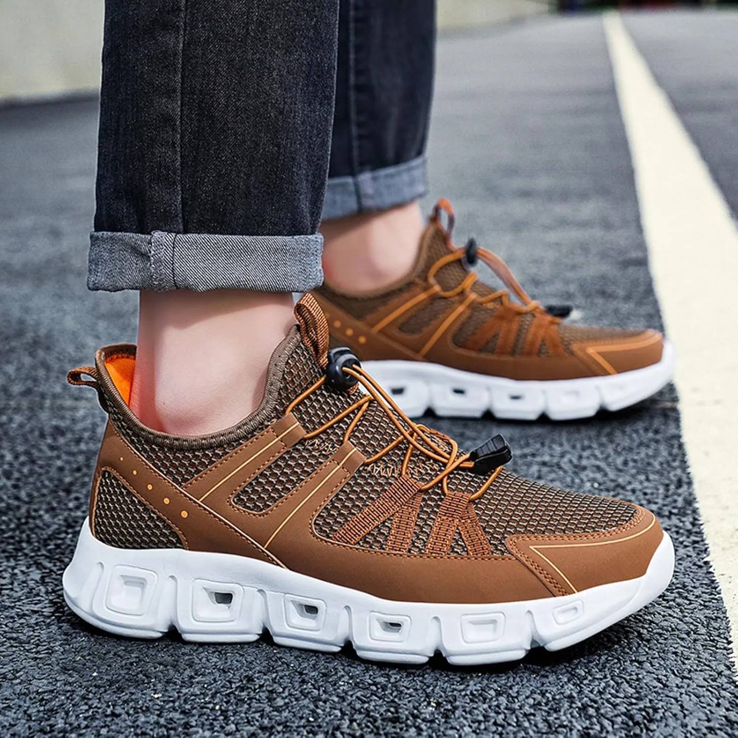 Slip on Sneakers for Men Casual Non Slip Lightweight Breathable Mesh Athletic Tennis Gym Comfortable Sole Cushion Walking Running Shoes with Adjustable Lace Men's Summer Workout Shoes