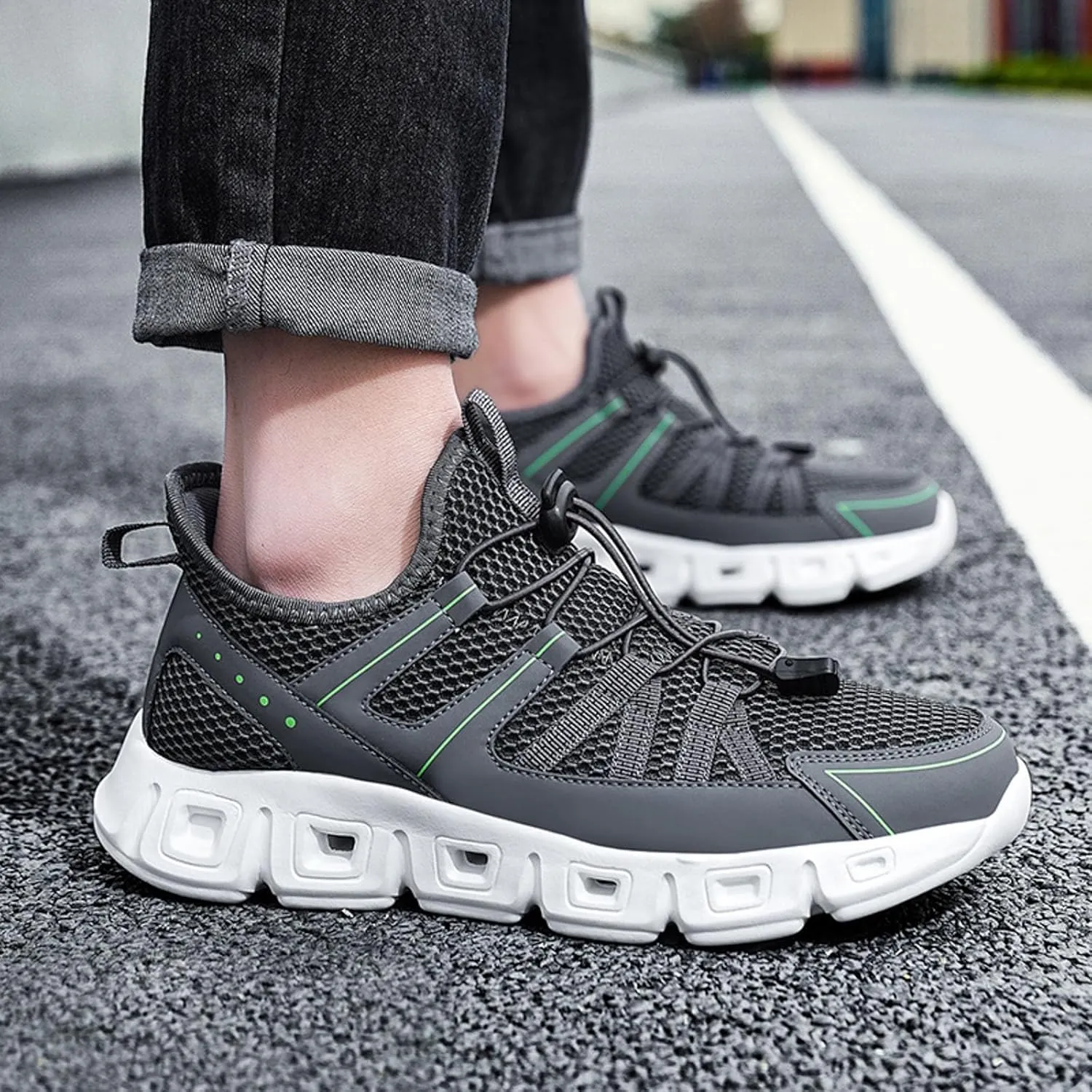 Slip on Sneakers for Men Casual Non Slip Lightweight Breathable Mesh Athletic Tennis Gym Comfortable Sole Cushion Walking Running Shoes with Adjustable Lace Men's Summer Workout Shoes