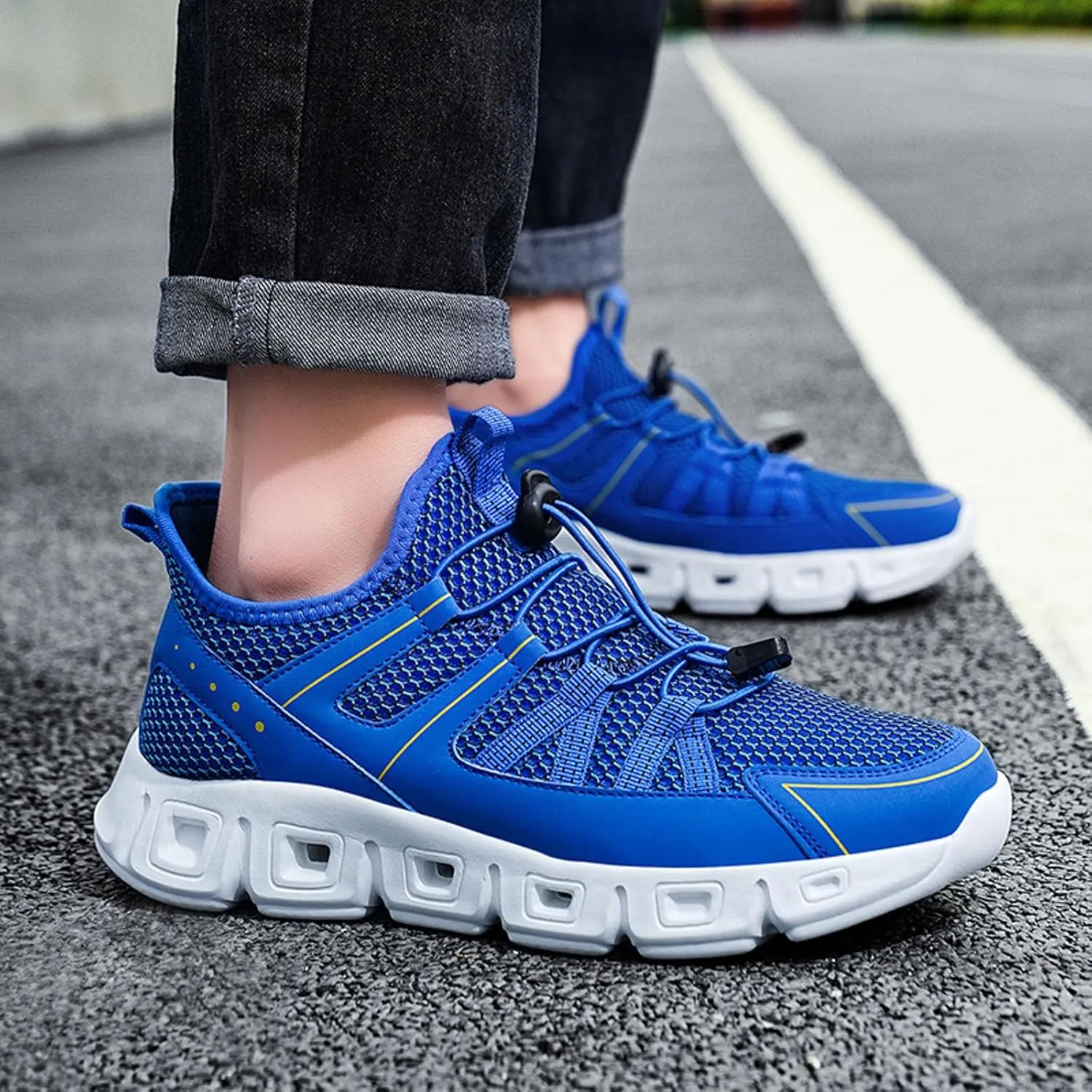 Slip on Sneakers for Men Casual Non Slip Lightweight Breathable Mesh Athletic Tennis Gym Comfortable Sole Cushion Walking Running Shoes with Adjustable Lace Men's Summer Workout Shoes