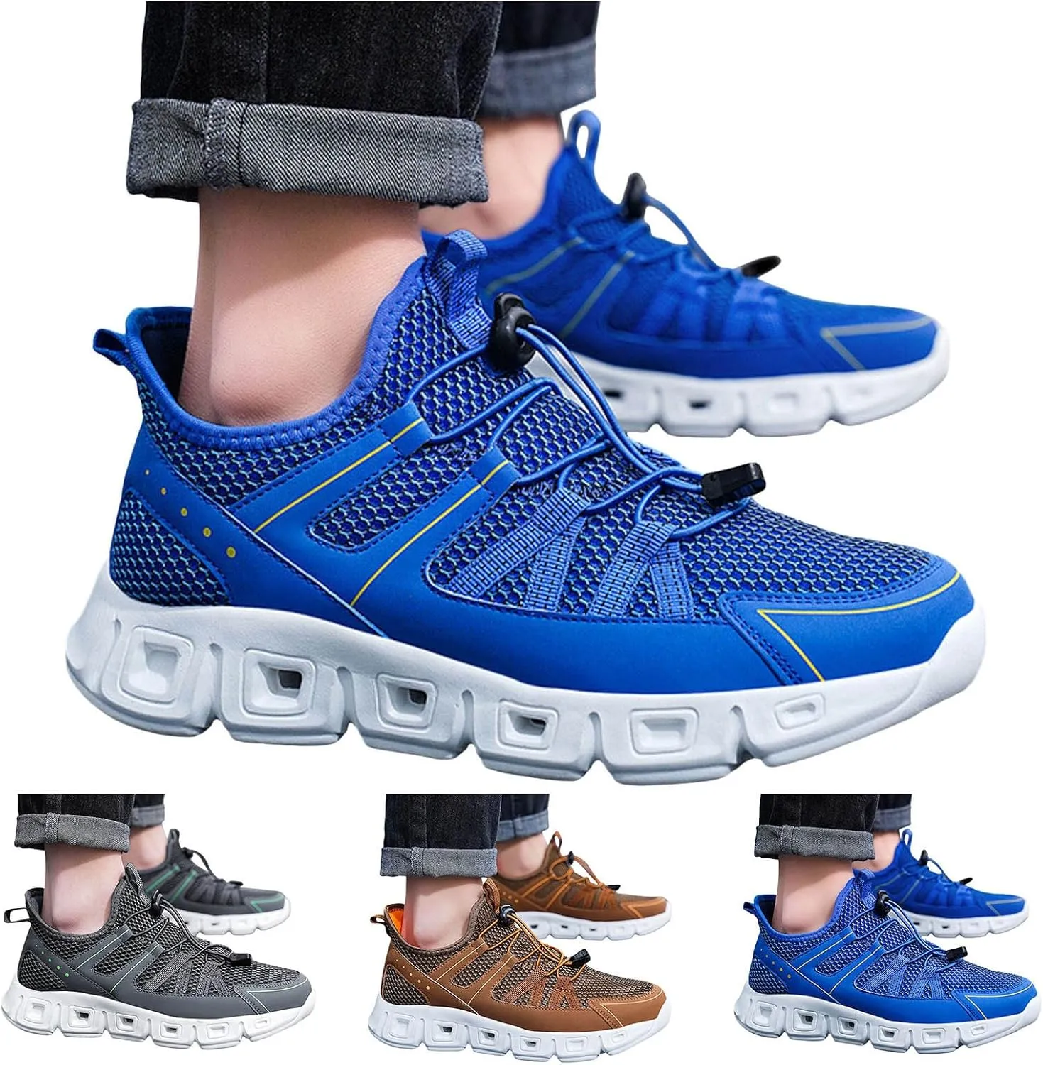 Slip on Sneakers for Men Casual Non Slip Lightweight Breathable Mesh Athletic Tennis Gym Comfortable Sole Cushion Walking Running Shoes with Adjustable Lace Men's Summer Workout Shoes
