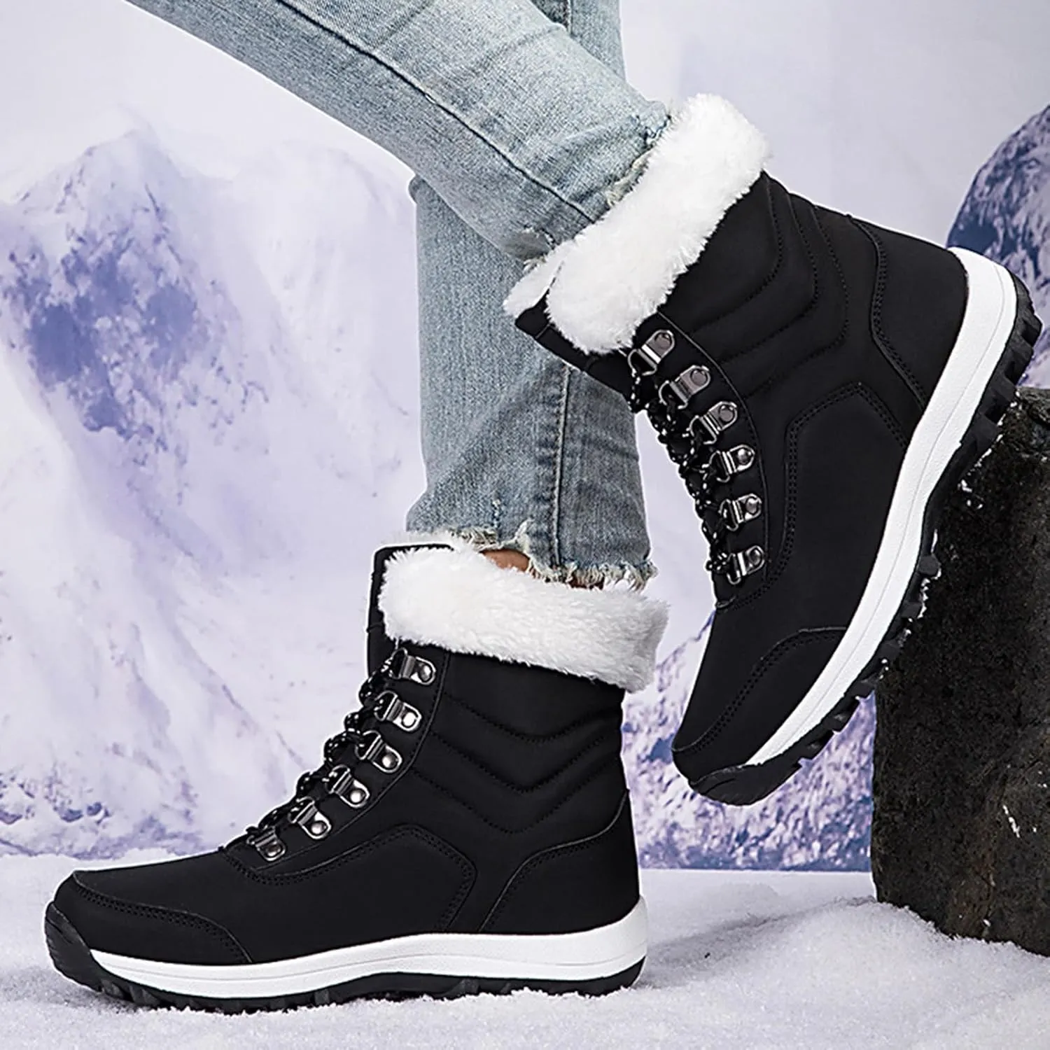 Winter Boots for Women Waterproof,Fashion High Top Keep Warm Winter Hiking Boots,Outdoor Comfortable Fur Lined Snow Boots for Women,Rubber Sole