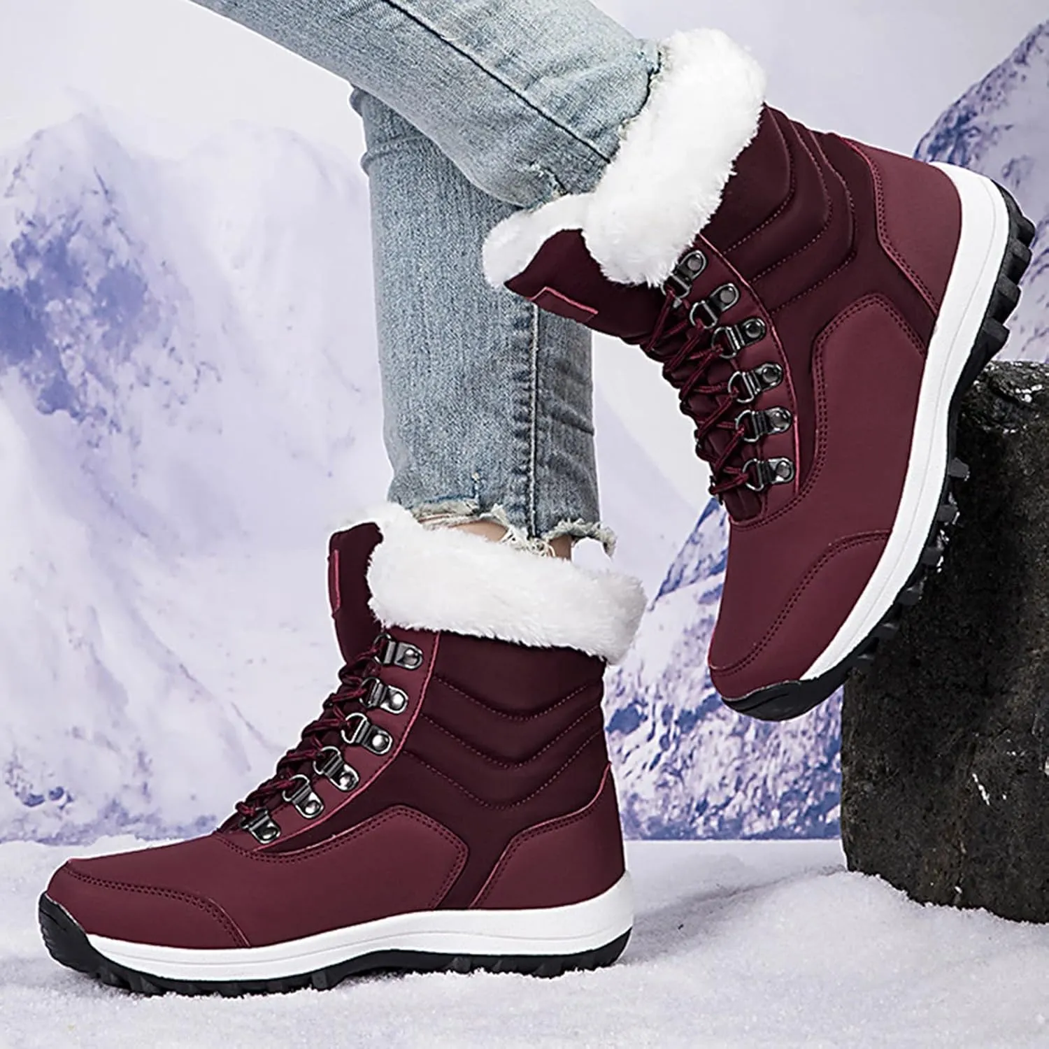 Winter Boots for Women Waterproof,Fashion High Top Keep Warm Winter Hiking Boots,Outdoor Comfortable Fur Lined Snow Boots for Women,Rubber Sole