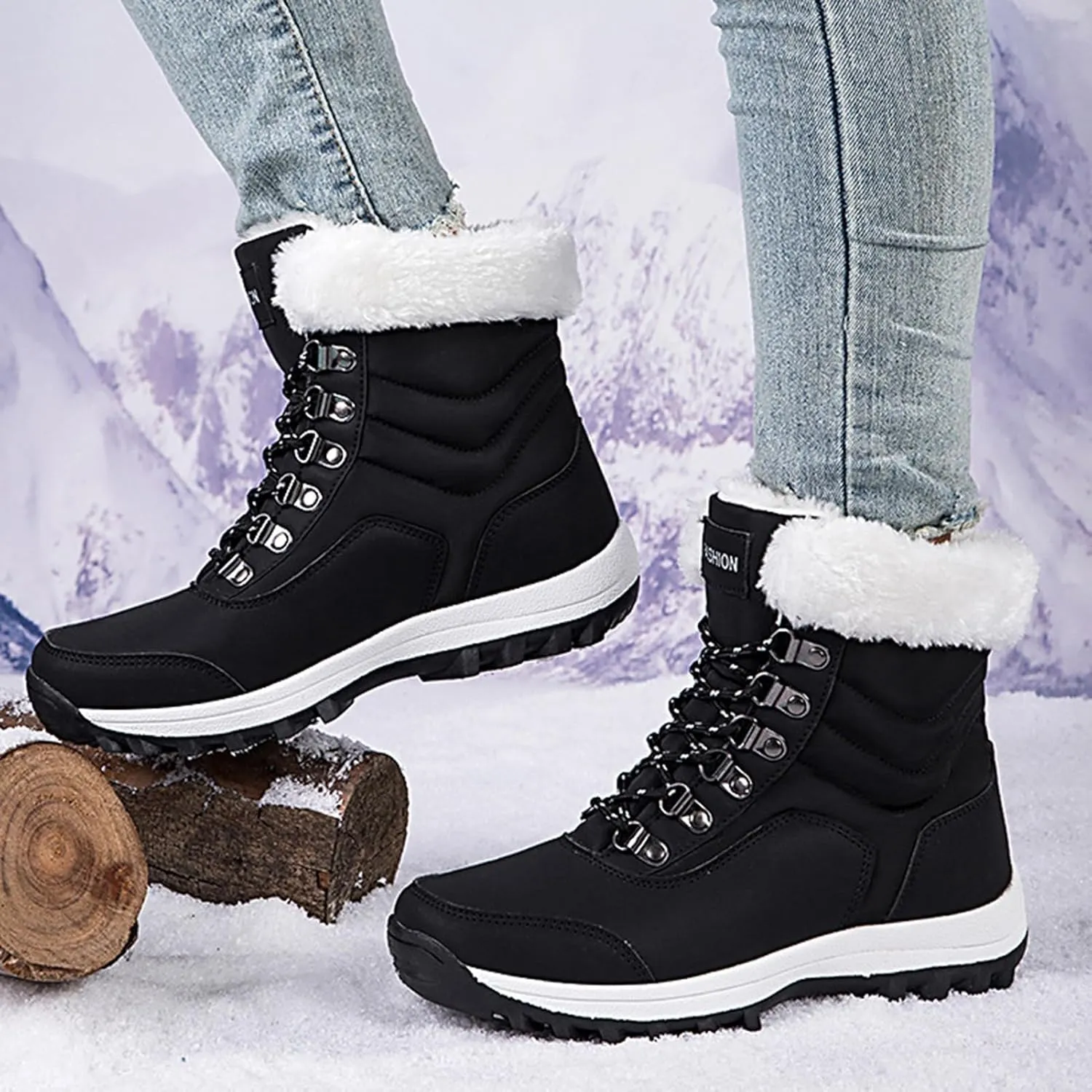 Winter Boots for Women Waterproof,Fashion High Top Keep Warm Winter Hiking Boots,Outdoor Comfortable Fur Lined Snow Boots for Women,Rubber Sole