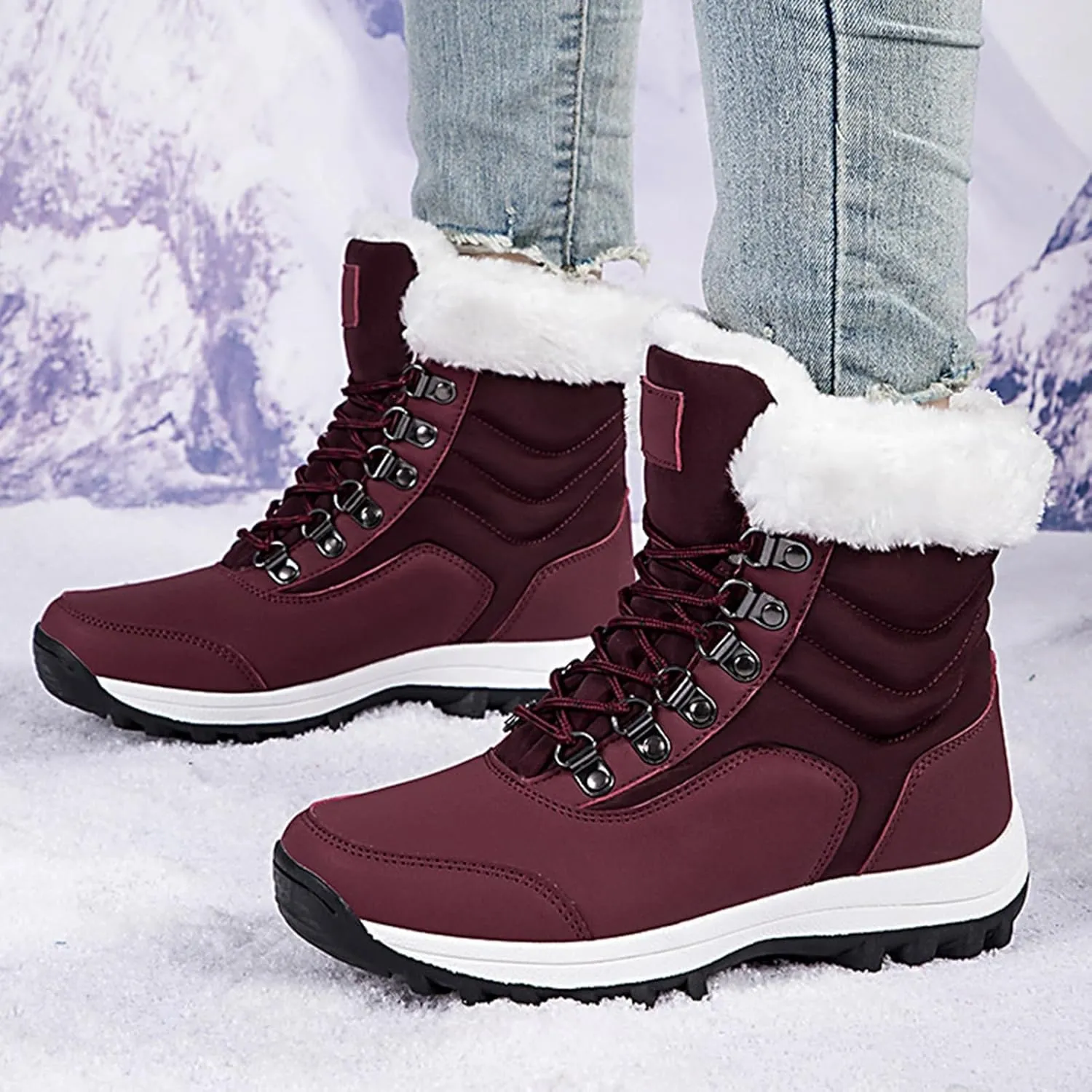 Winter Boots for Women Waterproof,Fashion High Top Keep Warm Winter Hiking Boots,Outdoor Comfortable Fur Lined Snow Boots for Women,Rubber Sole