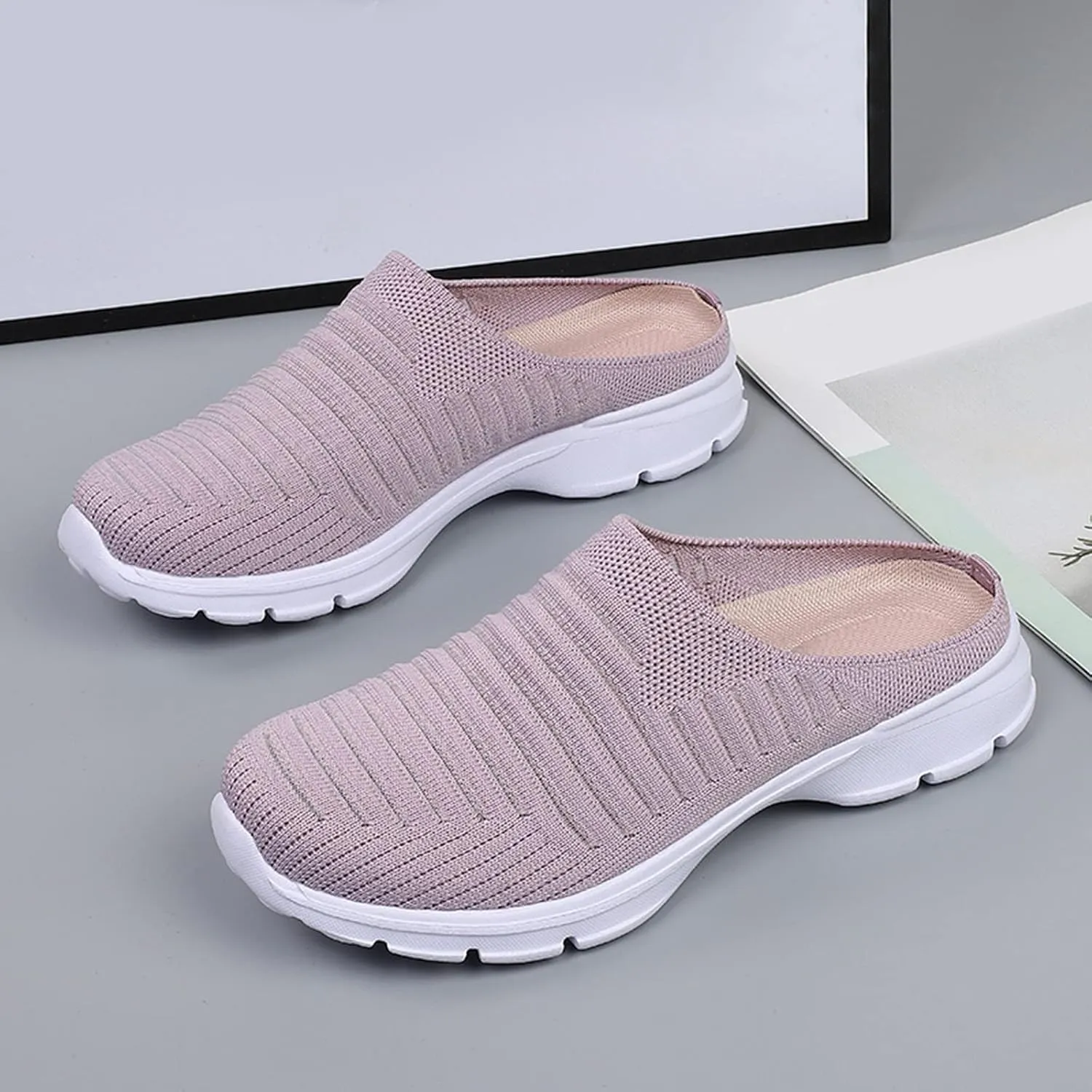 Womens Backless Sneakers Mesh Slip-on Mule Shoes Slip On Shoes Women Wide Width Shoes Casual Slip On Sneakers Brown Tennis Shoe Cross Trainer Shoe