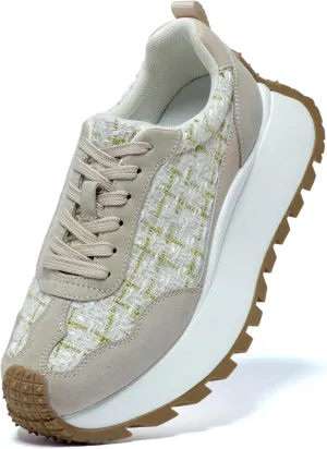 Women's Fashion Sneakers Casual Chunky Lace Up Walking Shoes Lightweight Cushioning Arch Support Retro Tennis Running Sneakers Non-Slip Women's Shoes