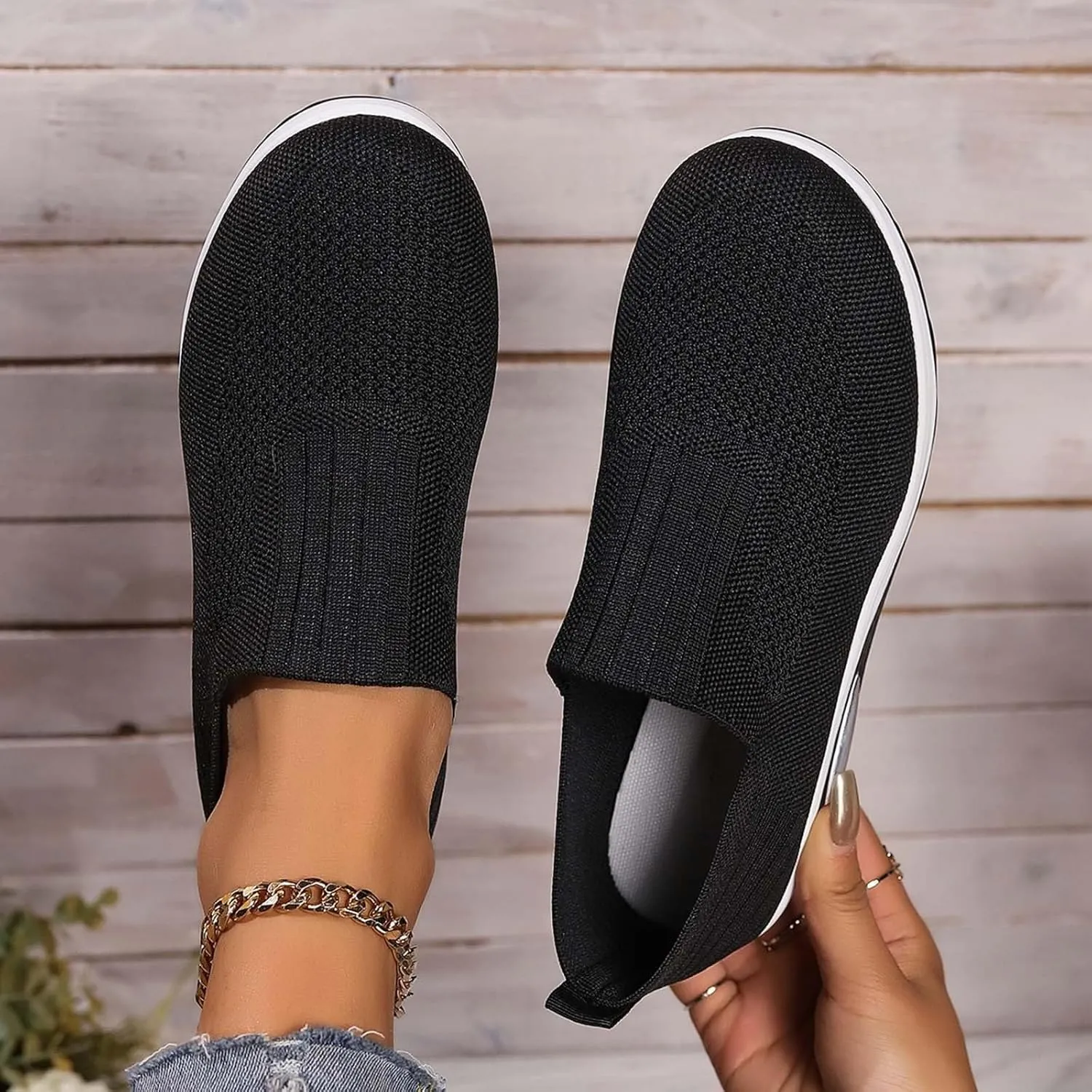 Women's Fashion Sneakers Elastic Fly Woven Mesh Shoes Breathable Solid Shoes Air Cushion Sole Cushion Shoes