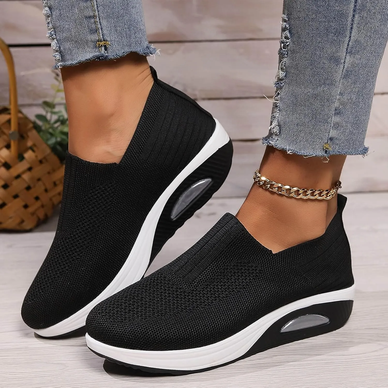 Women's Fashion Sneakers Elastic Fly Woven Mesh Shoes Breathable Solid Shoes Air Cushion Sole Cushion Shoes
