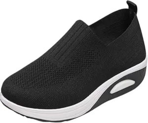 Women's Fashion Sneakers Elastic Fly Woven Mesh Shoes Breathable Solid Shoes Air Cushion Sole Cushion Shoes