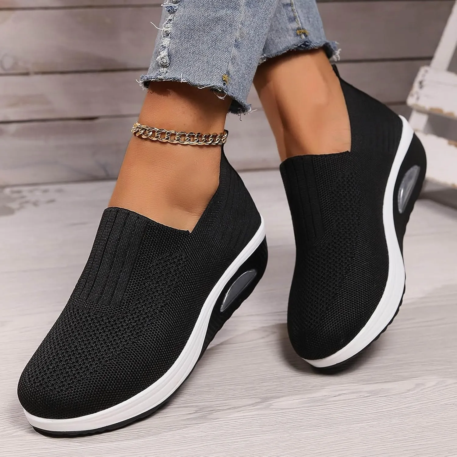 Women's Fashion Sneakers Elastic Fly Woven Mesh Shoes Breathable Solid Shoes Air Cushion Sole Cushion Shoes