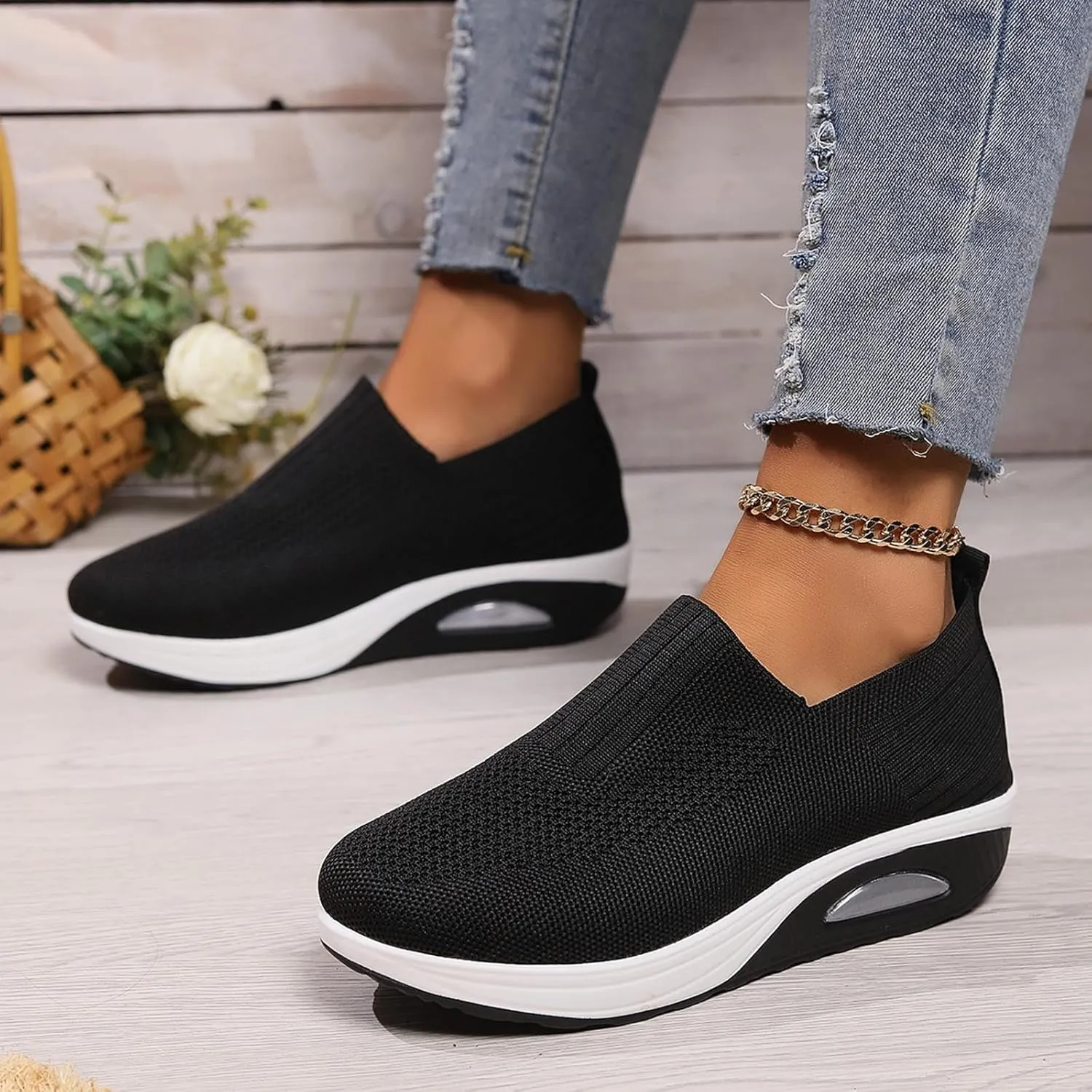 Women's Fashion Sneakers Elastic Fly Woven Mesh Shoes Breathable Solid Shoes Air Cushion Sole Cushion Shoes