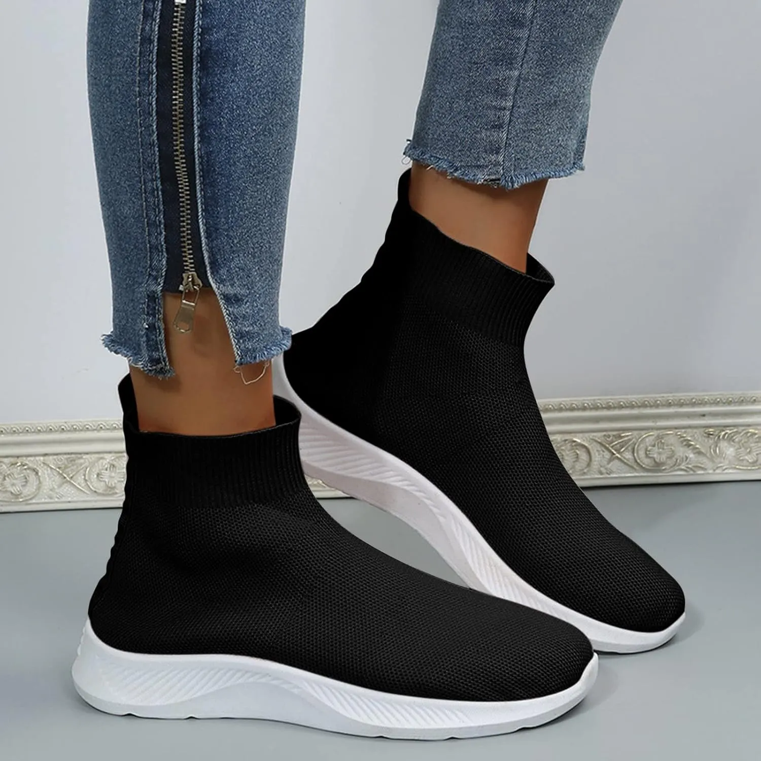 Womens High Top Sneakers Black and White Slip On Shoes for Women 2023 Platform Slip On Sneakers for Women Fashion Chunky Sneakers Women Black Non Slip Work Shoes Womens 7.5 Wide