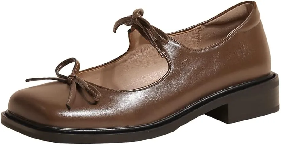 Women's Mary Jane Oxford Shoes Flats Leather Classic Square Toe Tie Low Heel Girls Oxfords Dress Shoe