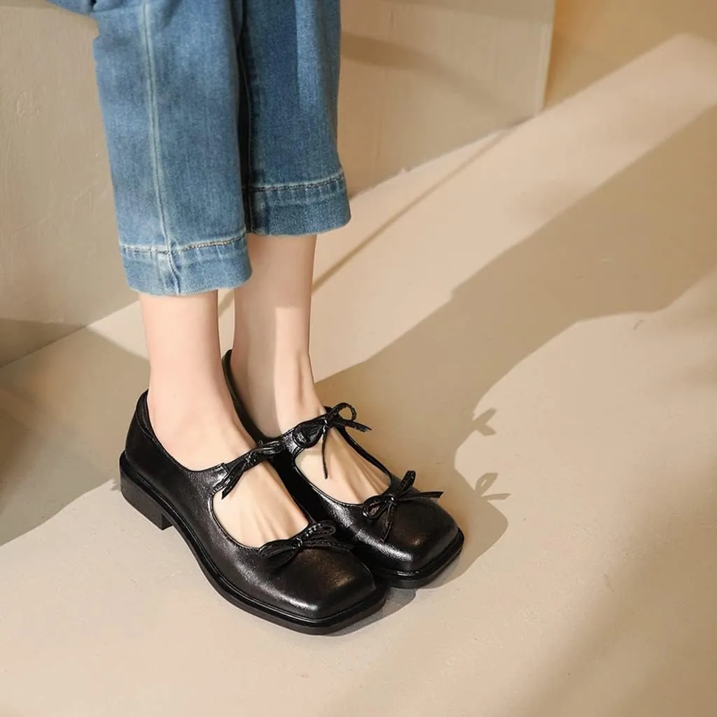 Women's Mary Jane Oxford Shoes Flats Leather Classic Square Toe Tie Low Heel Girls Oxfords Dress Shoe