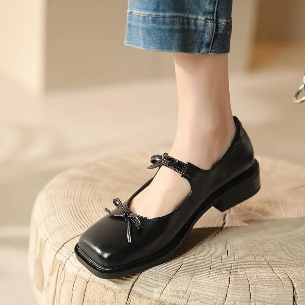 Women's Mary Jane Oxford Shoes Flats Leather Classic Square Toe Tie Low Heel Girls Oxfords Dress Shoe