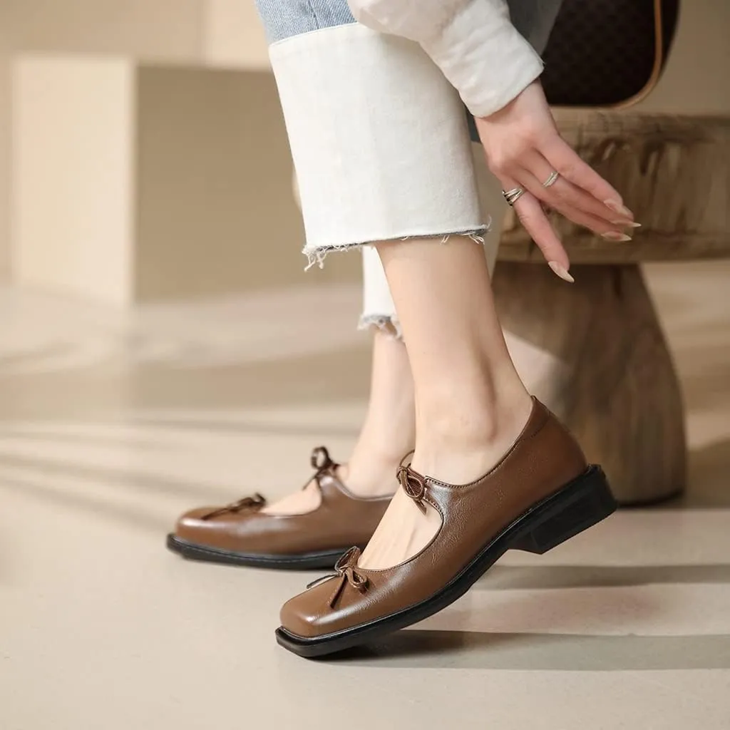 Women's Mary Jane Oxford Shoes Flats Leather Classic Square Toe Tie Low Heel Girls Oxfords Dress Shoe