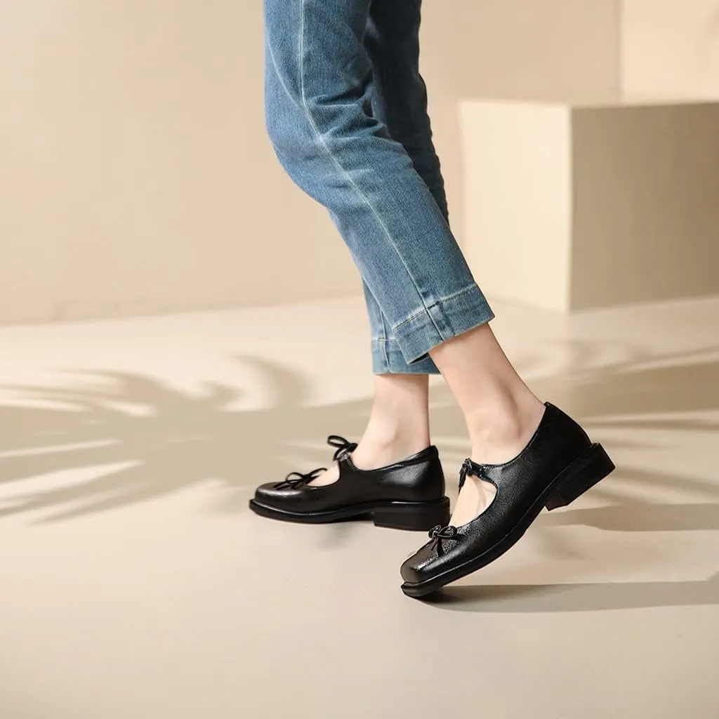 Women's Mary Jane Oxford Shoes Flats Leather Classic Square Toe Tie Low Heel Girls Oxfords Dress Shoe