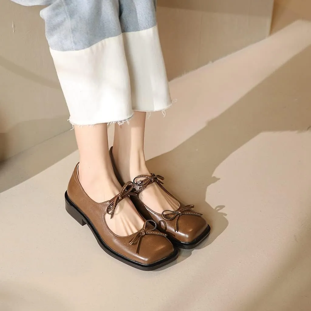 Women's Mary Jane Oxford Shoes Flats Leather Classic Square Toe Tie Low Heel Girls Oxfords Dress Shoe