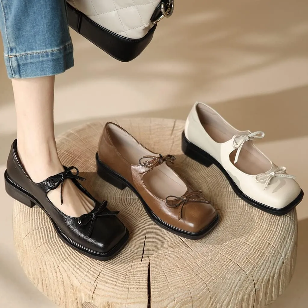 Women's Mary Jane Oxford Shoes Flats Leather Classic Square Toe Tie Low Heel Girls Oxfords Dress Shoe