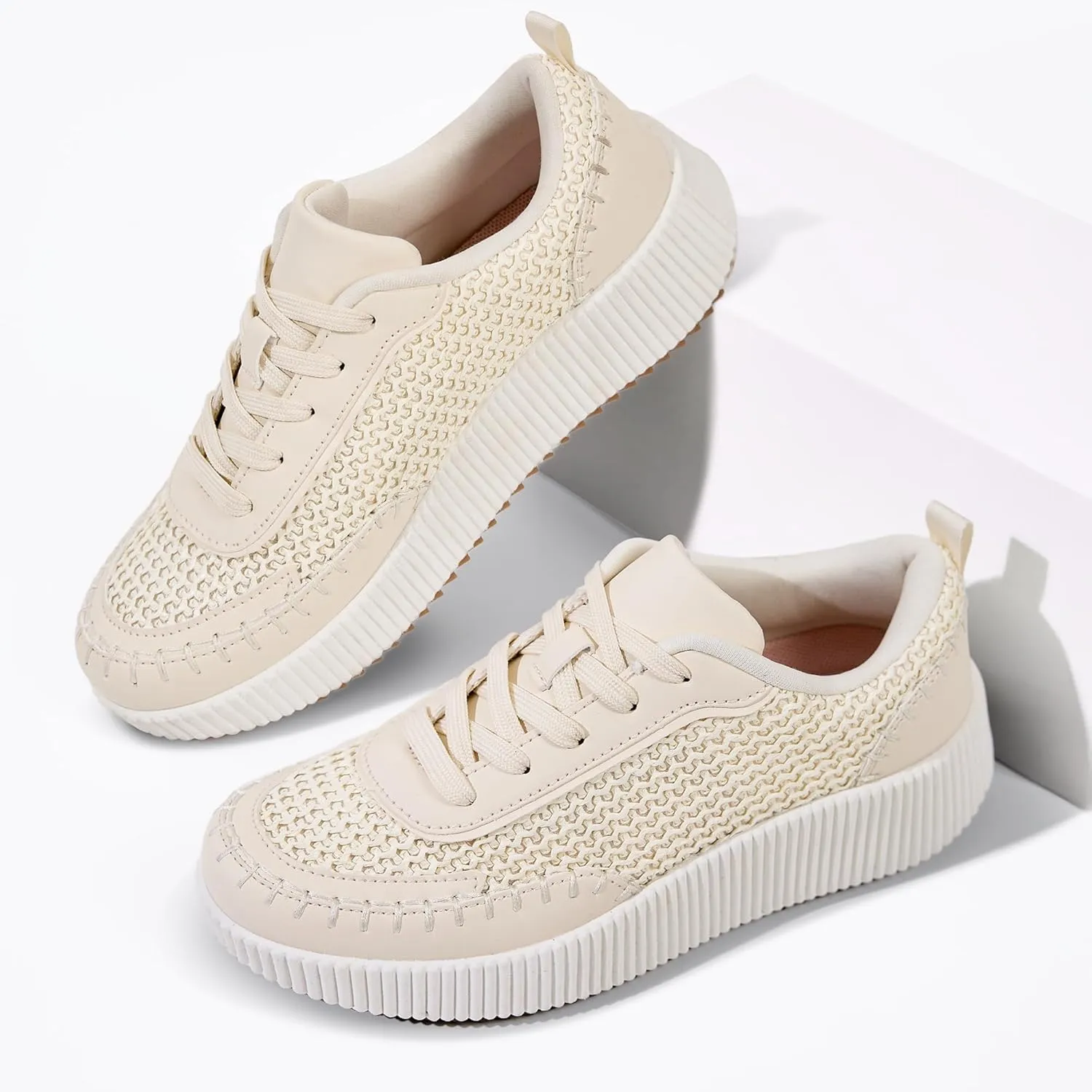 Women's Platform Sneakers Low Top Chunky Retro Braided Walking Shoes Comfortable Lace Up Casual Shoes