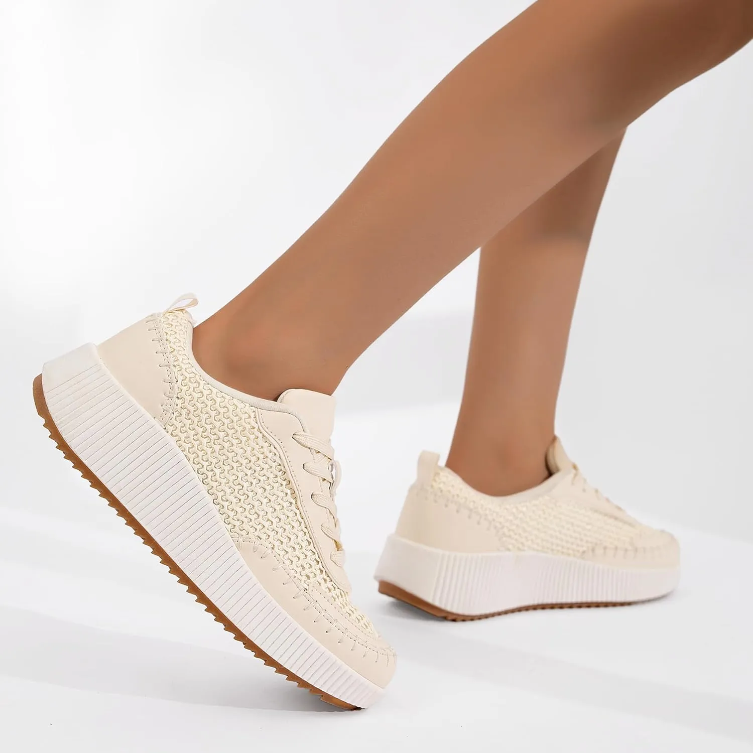 Women's Platform Sneakers Low Top Chunky Retro Braided Walking Shoes Comfortable Lace Up Casual Shoes
