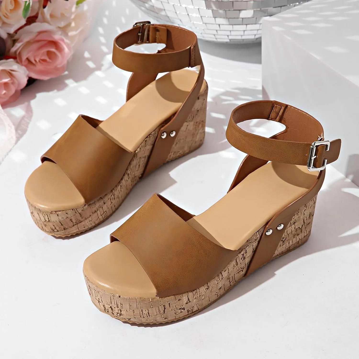 Women's Platform Wedge Sandals Open Toe Summer Casual Shoes with Cork Wedge Heel Comfortable for Outdoor Vacation
