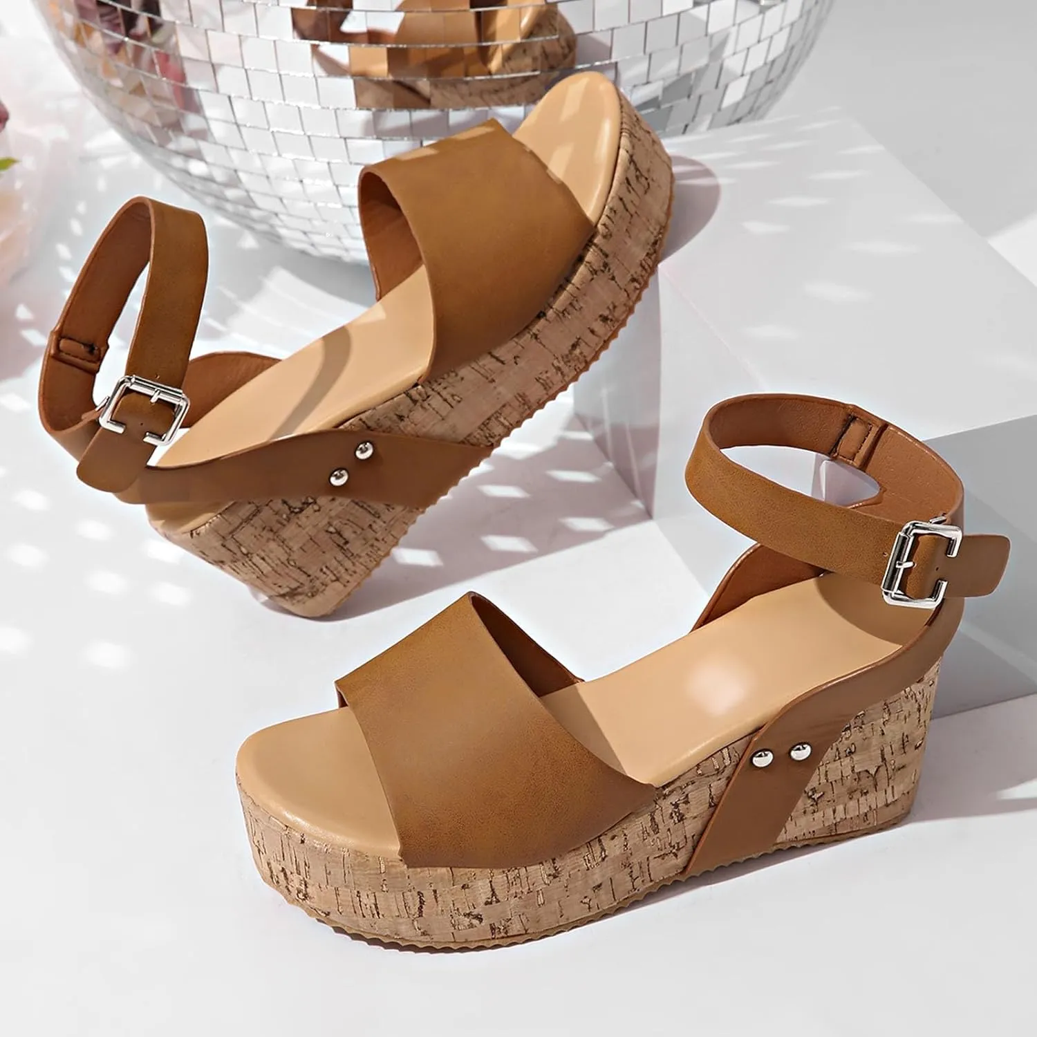Women's Platform Wedge Sandals Open Toe Summer Casual Shoes with Cork Wedge Heel Comfortable for Outdoor Vacation