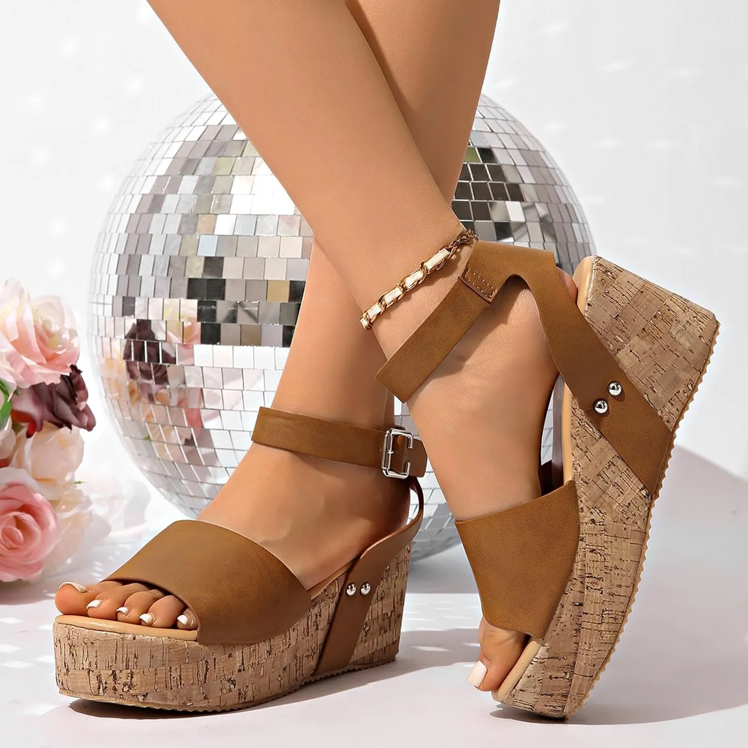 Women's Platform Wedge Sandals Open Toe Summer Casual Shoes with Cork Wedge Heel Comfortable for Outdoor Vacation