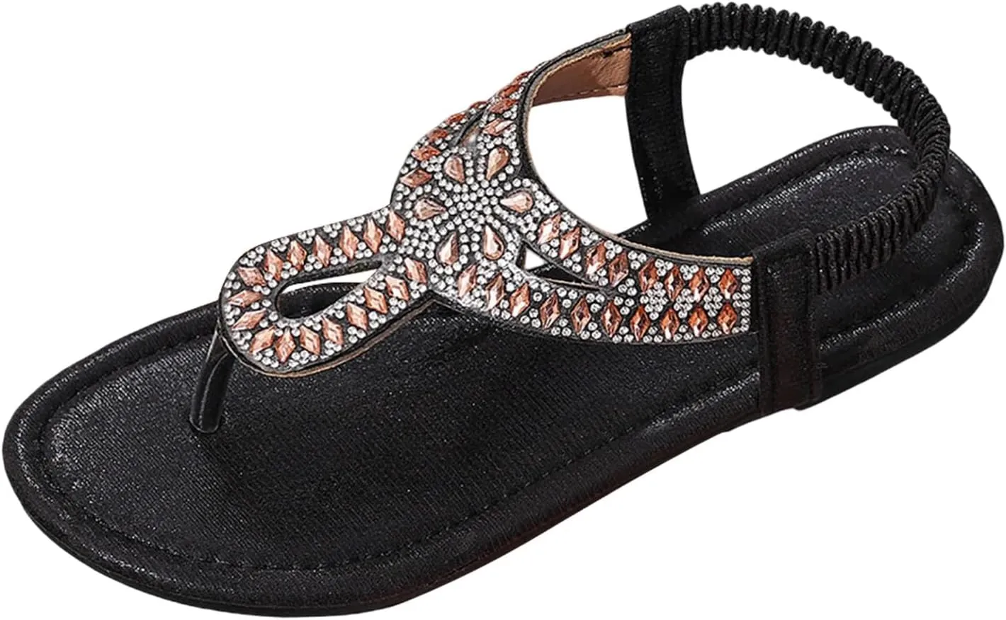 Women's Rhinestone Flat Sandals Bohemian T-Strap Flip Flops Comfortable Beach Slides Summer Casual Elastic Thong Slippers