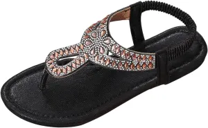 Women's Rhinestone Flat Sandals Bohemian T-Strap Flip Flops Comfortable Beach Slides Summer Casual Elastic Thong Slippers