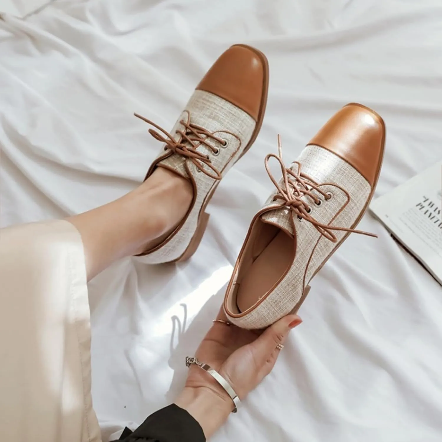 Women's Square Toe Lace-Up Oxfords Fashion Patchwork Low Chunky Heel Block Wingtip Brogues Pumps Classic Retro Derby Saddle Shoes