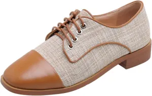 Women's Square Toe Lace-Up Oxfords Fashion Patchwork Low Chunky Heel Block Wingtip Brogues Pumps Classic Retro Derby Saddle Shoes