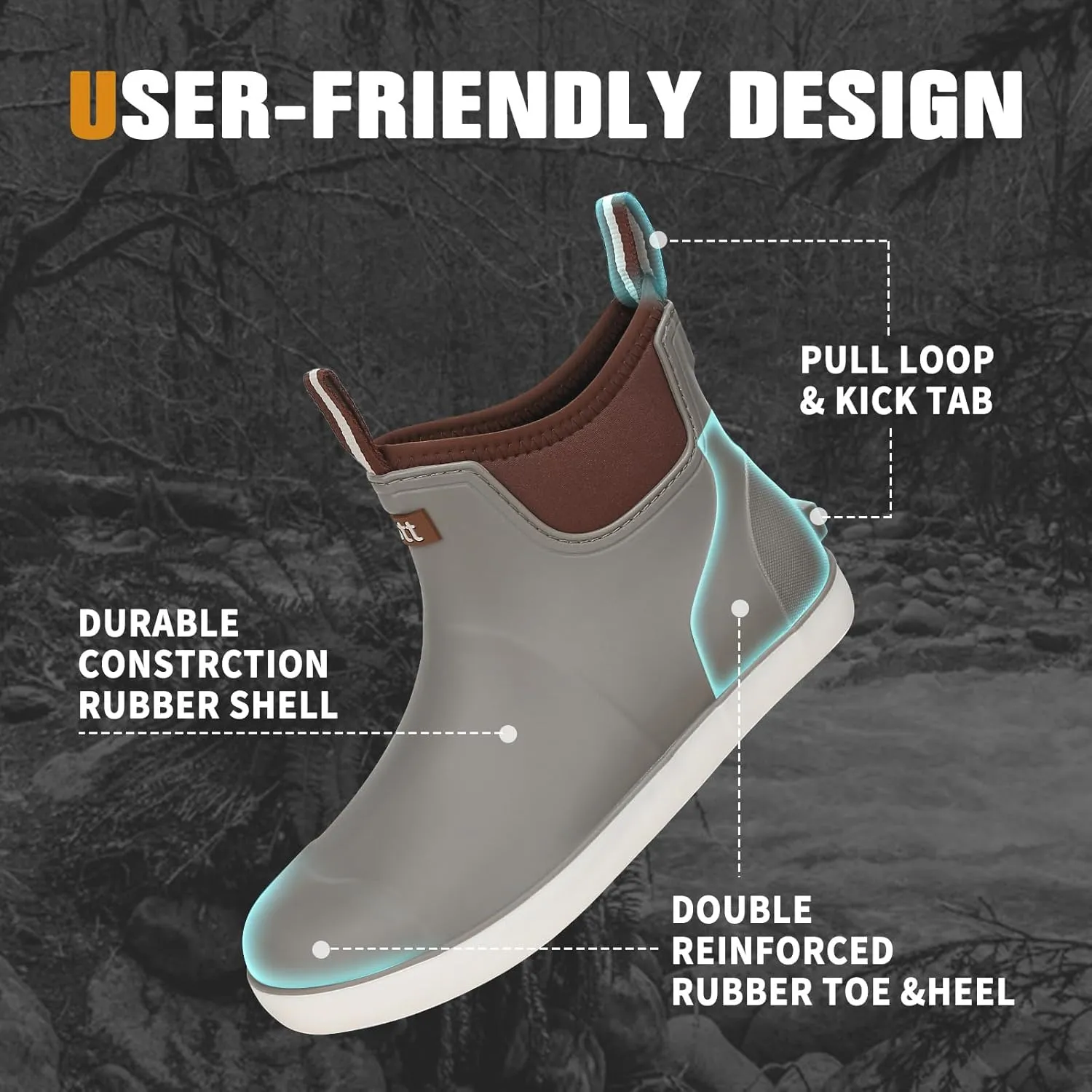 YUHITYGZGS Men's Deck Boots, Waterproof Rubber Boots for Men, High Grip Neoprene Saltwater Boating Ankle Rain Boots, High-Performance Non-Slip Fishing Shoes for Farming Garden Work Outdoor